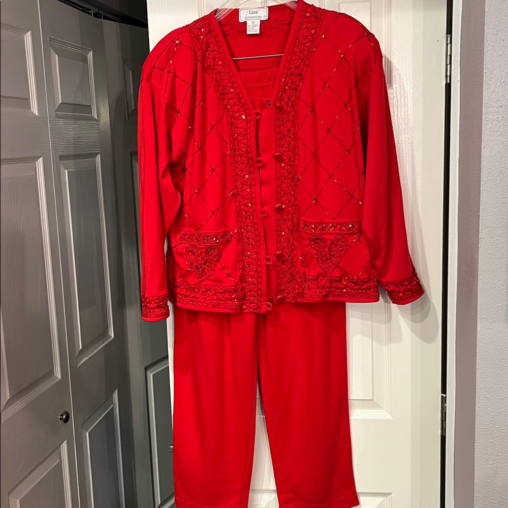 Lisa International 2 piece Bold Red Casual Pants & Sequins Jacket Set.